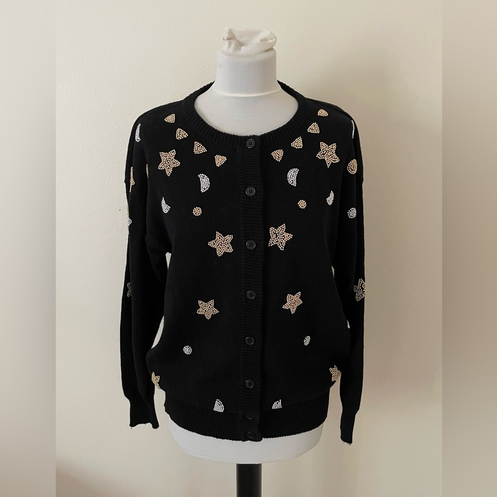 VTG Eminent Women Cardigan Sweater M Black Beaded Buttons Ramie Blend Festive